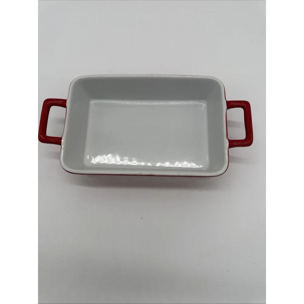Crate & Barrel Stoneware Mini Casserole Baking Pan Dish Handles Red White Small